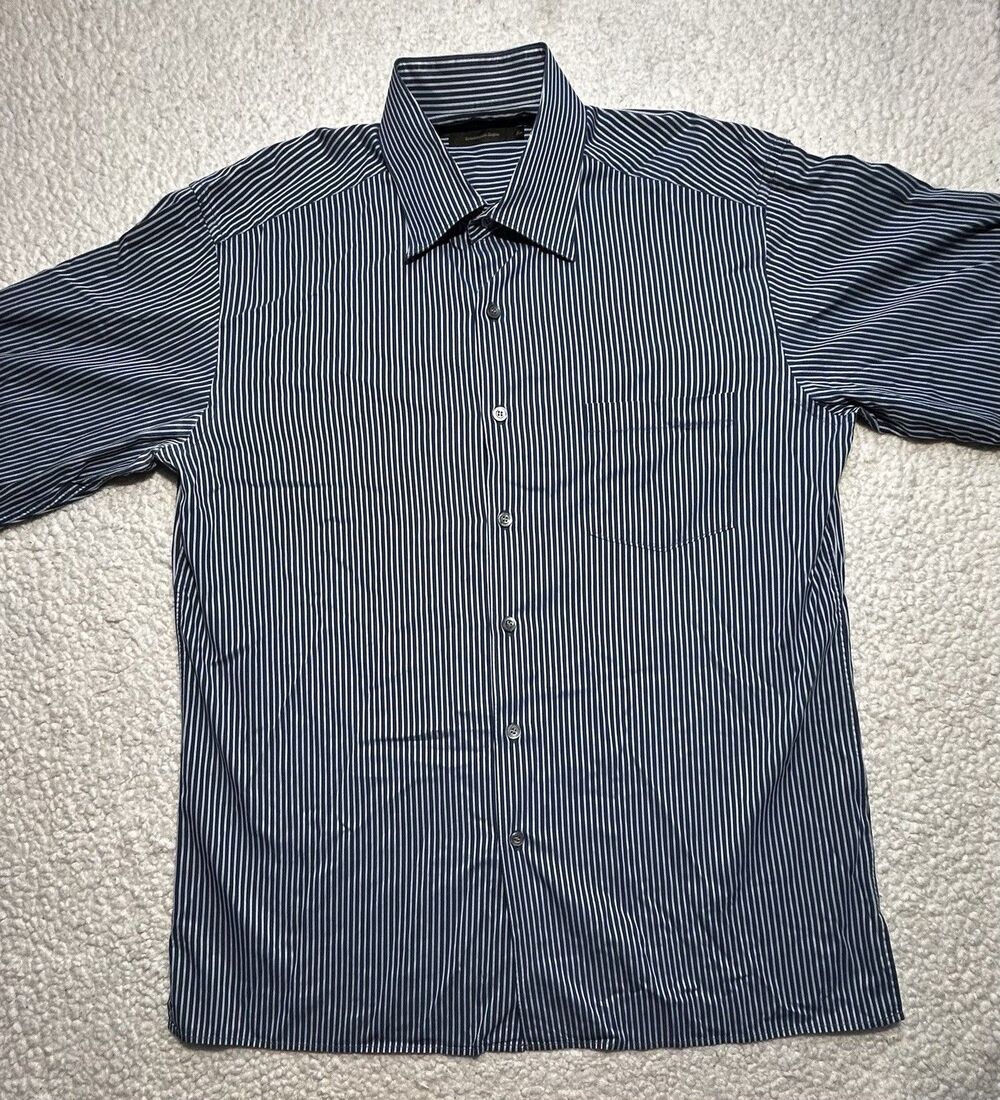 Ermenegildo Zegna Shirt Mens XL Blue White Stripe L/S Cotton Read Defect